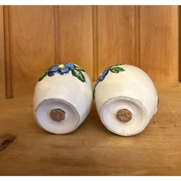 Vintage Pink Blue Flowers Ceramic Set of Salt and Pepper Shakers Floral Hand Pai - Picture 2 of 5
